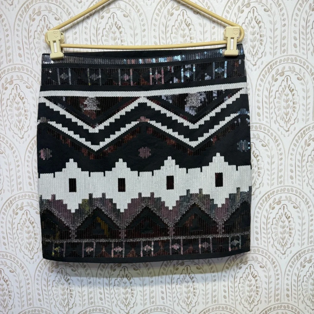 Express Sequin Tribal Mini Skirt Women Large Black Geometric Aztec Party Stretch